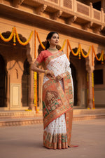 Load image into Gallery viewer, Women's Faux Banarasi Woven Motifs Saree With Unstitched Blouse 5.5Mtr (White)
