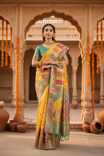 Load image into Gallery viewer, Women's Faux Banarasi Woven Motifs Saree With Unstitched Blouse 5.5Mtr (Yellow)
