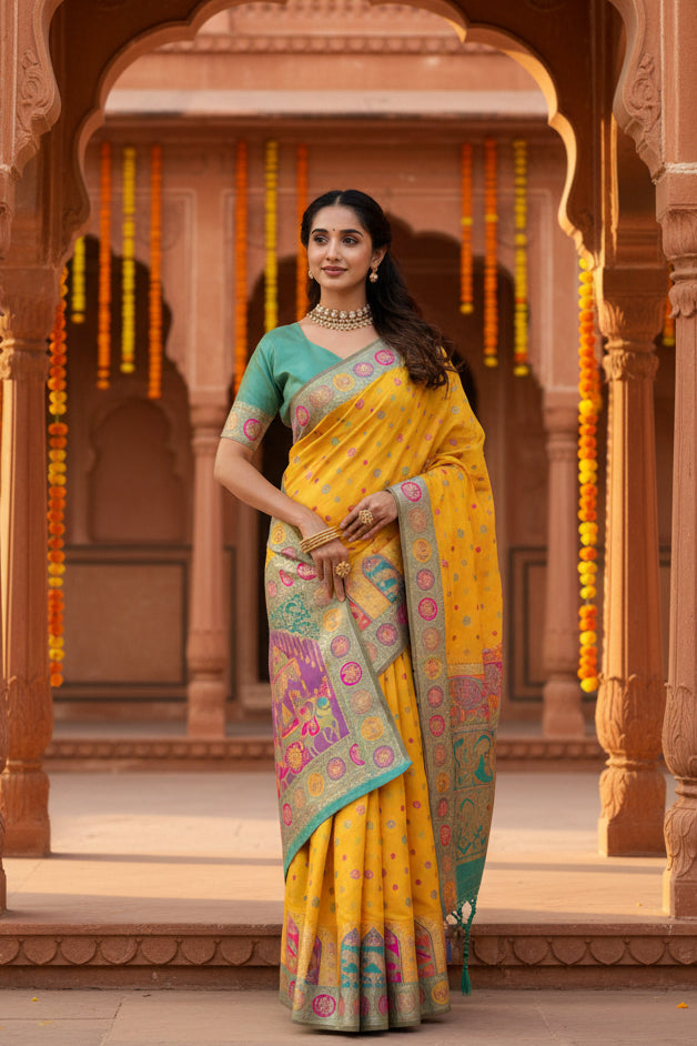 Women's faux banarasi woven motifs saree with unstitched blouse 5