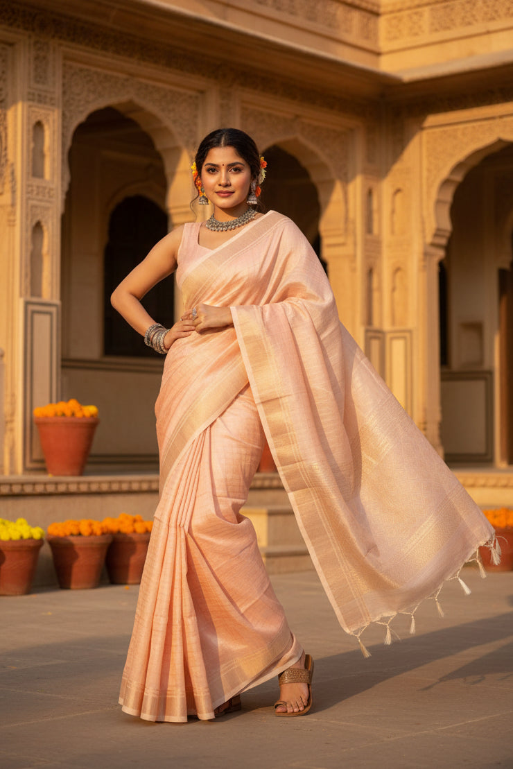 Women's Faux Banarasi Lining Pattern Saree With Unstitched Blouse 5.5Mtr (Peach)
