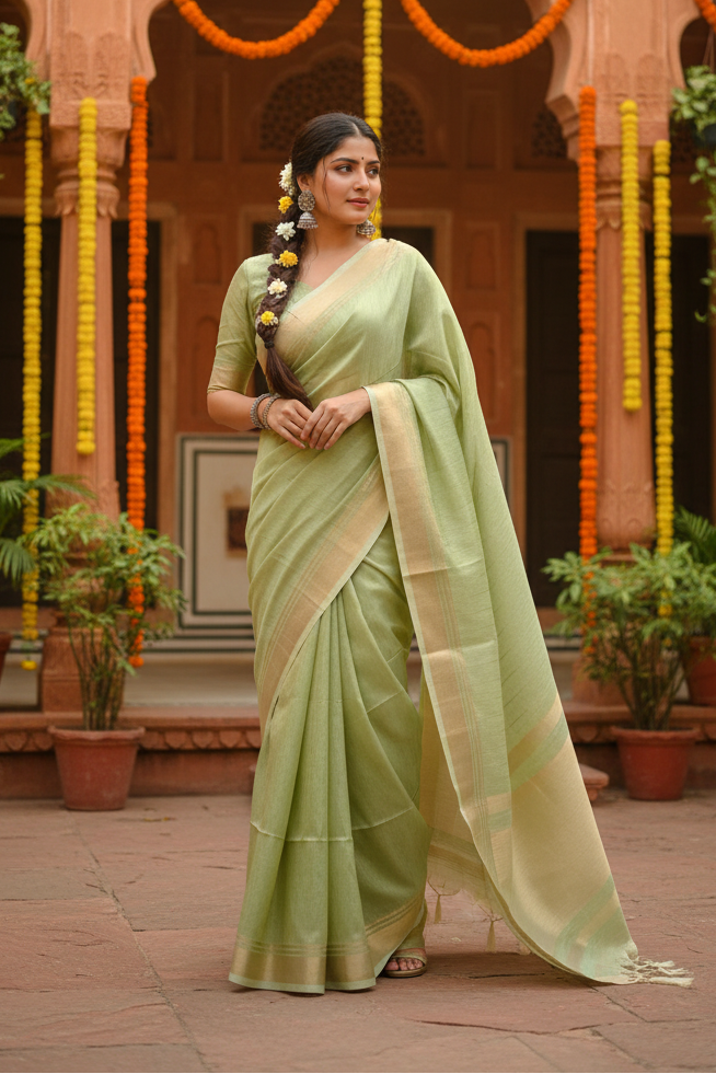 Women's Faux Banarasi Lining Pattern Saree With Unstitched Blouse 5.5Mtr (Light_Green)