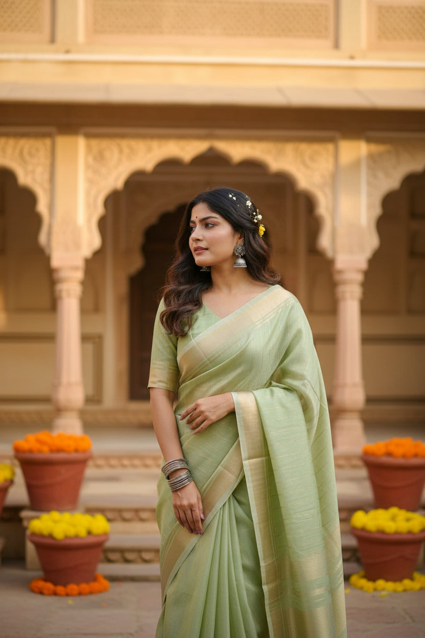 Women's Faux Banarasi Lining Pattern Saree With Unstitched Blouse 5.5Mtr (Light_Green)