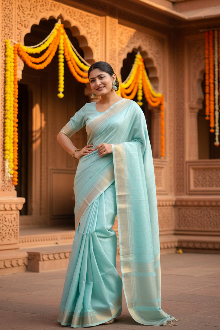 Women's Faux Banarasi Lining Pattern Saree With Unstitched Blouse 5.5Mtr (Light_Aqua_Blue)