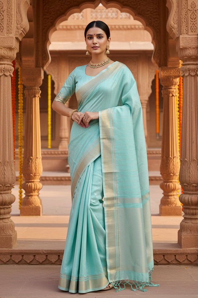 Women's Faux Banarasi Lining Pattern Saree With Unstitched Blouse 5.5Mtr (Light_Aqua_Blue)