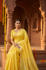 Load image into Gallery viewer, Women's Faux Banarasi Lining Pattern Saree With Unstitched Blouse 5.5Mtr (Yellow)
