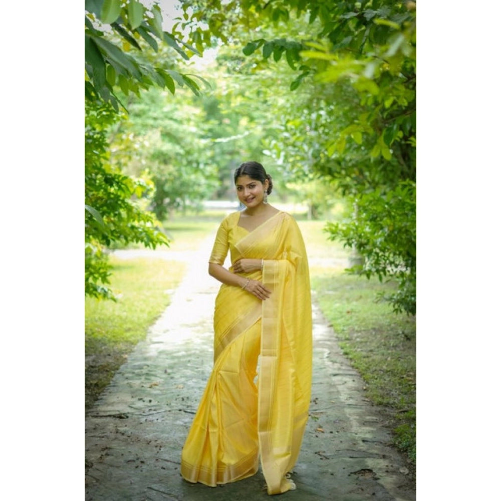 Women's Faux Banarasi Lining Pattern Saree With Unstitched Blouse 5.5Mtr (Yellow)