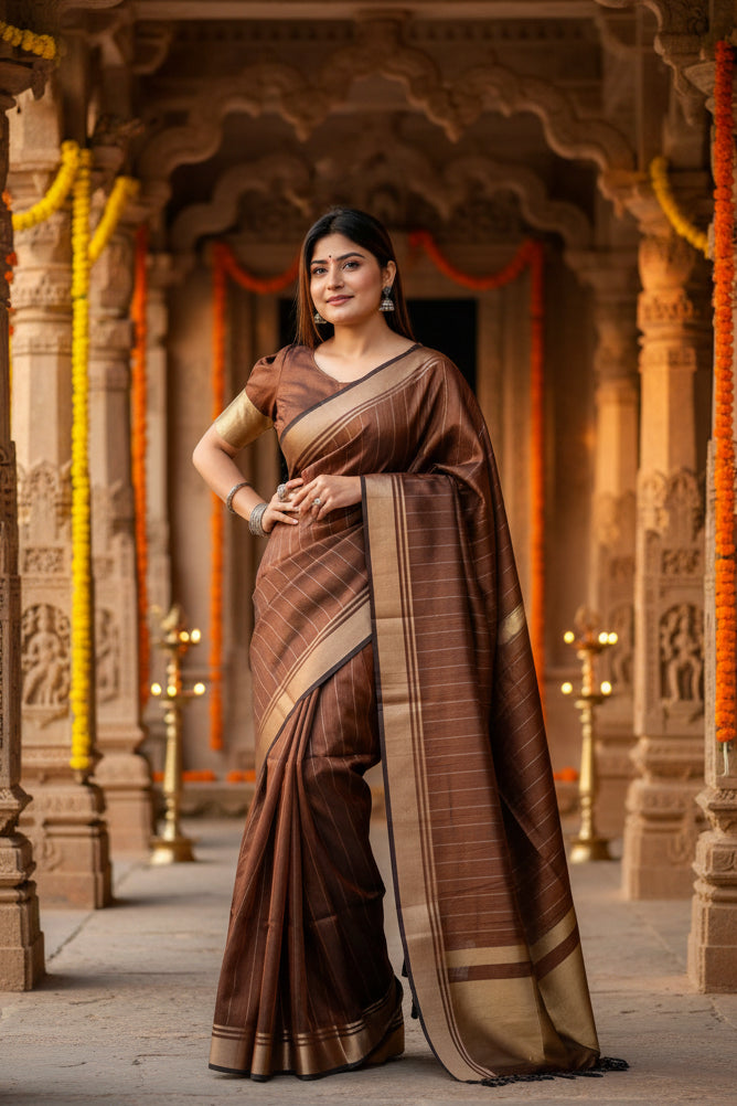 Women's Faux Banarasi Lining Pattern Saree With Unstitched Blouse 5.5Mtr (Light_Brown)