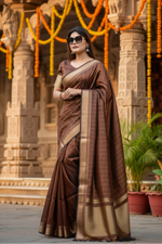 Load image into Gallery viewer, Women's Faux Banarasi Lining Pattern Saree With Unstitched Blouse 5.5Mtr (Light_Brown)
