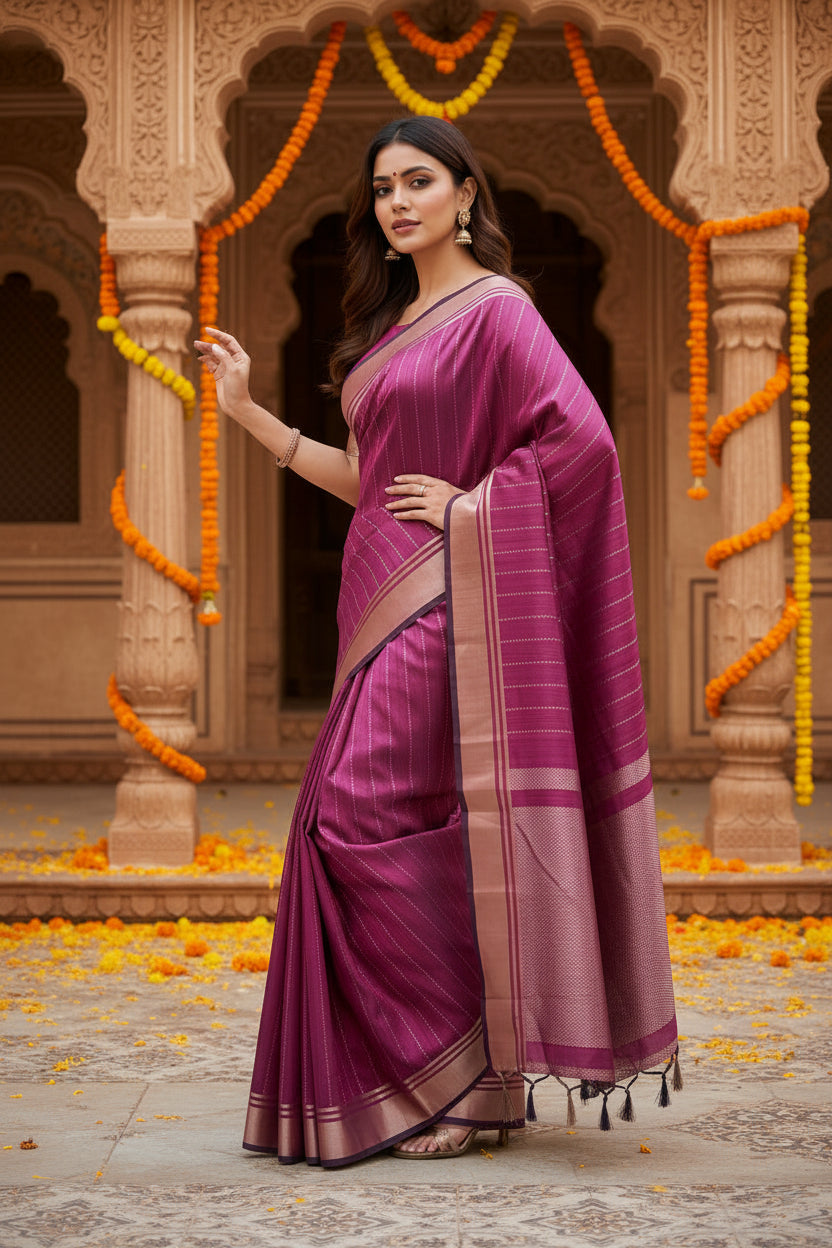 Women's faux banarasi lining pattern saree with unstitched blouse 5