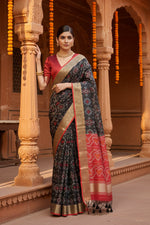 Load image into Gallery viewer, Women's Silk Blend Ethnic Ikat Pattern Saree With Unstitched Blouse 5.5Mtr (Black)
