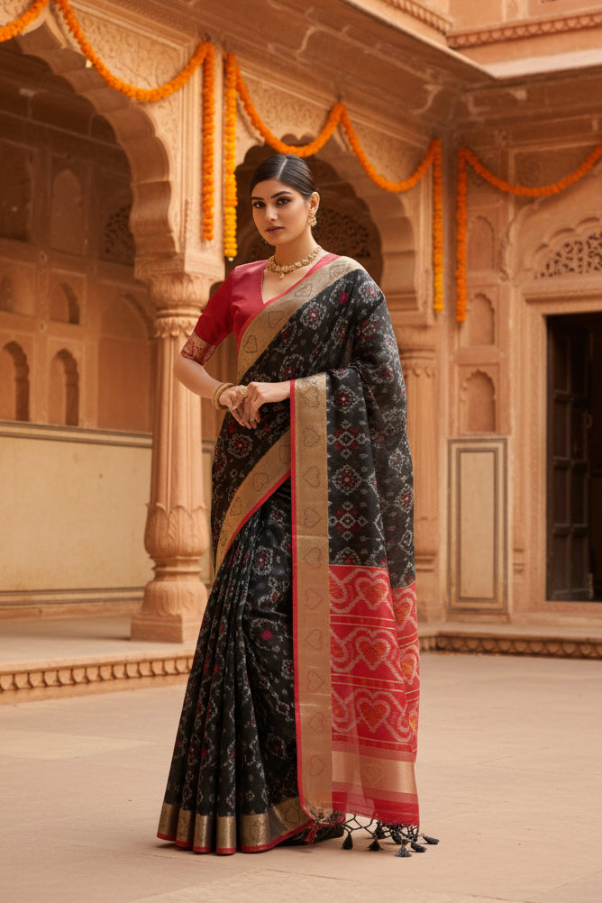 Women's Silk Blend Ethnic Ikat Pattern Saree With Unstitched Blouse 5.5Mtr (Black)