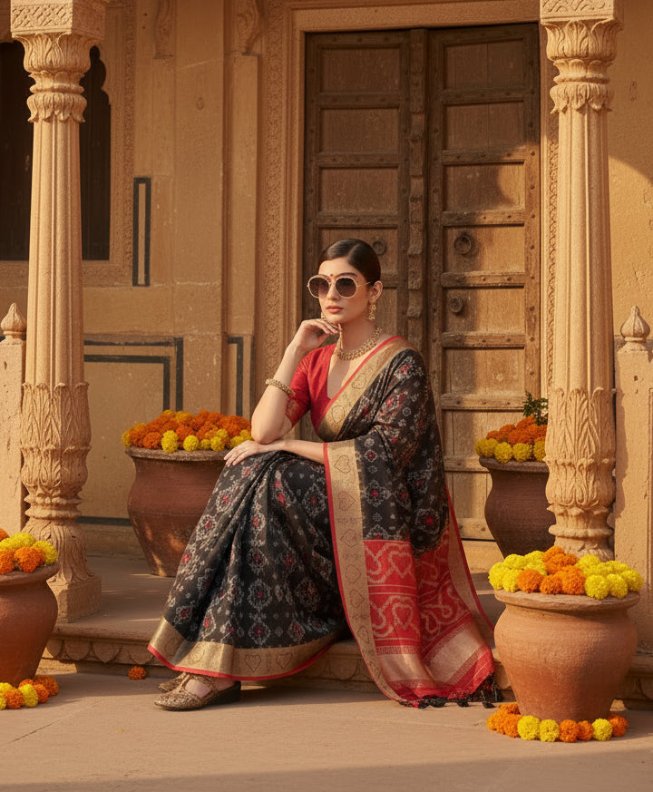 Women's silk blend ethnic ikat pattern saree with unstitched blouse 5