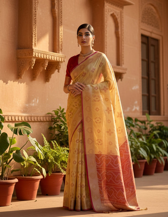 Women's silk blend ethnic ikat pattern saree with unstitched blouse 5