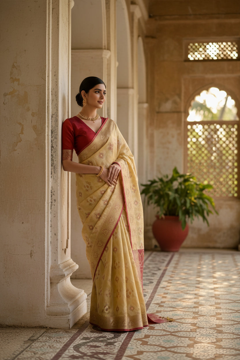 Women's Silk Blend Ethnic Ikat Pattern Saree With Unstitched Blouse 5.5Mtr (Cream)