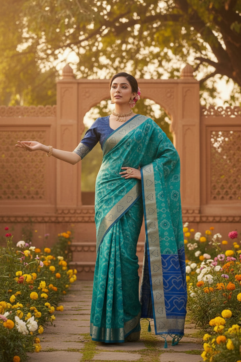 Women's Silk Blend Ethnic Ikat Pattern Saree With Unstitched Blouse 5.5Mtr (Teal)
