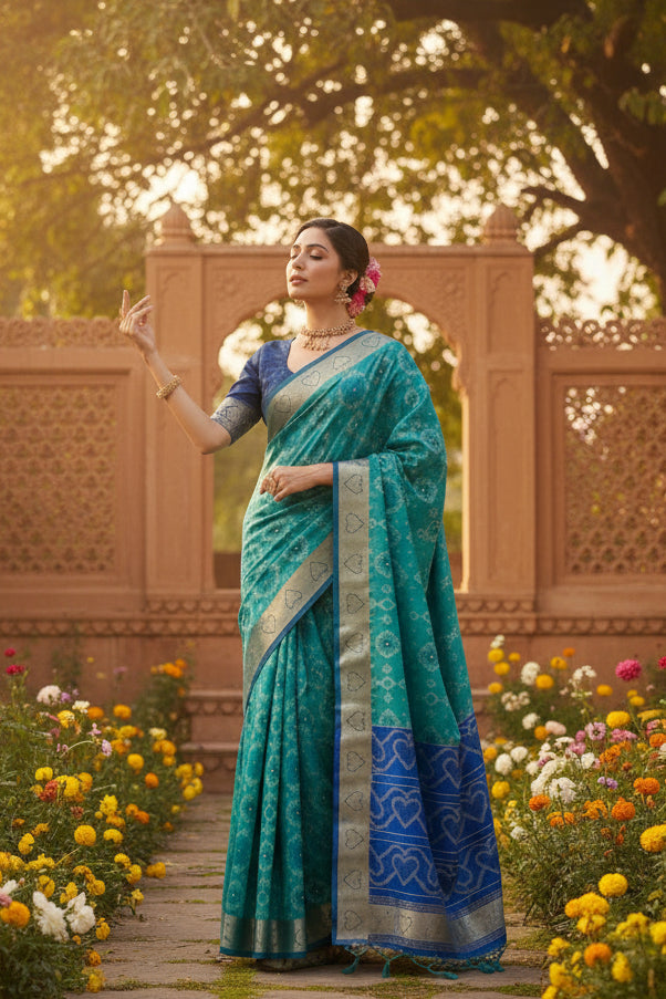 Women's Silk Blend Ethnic Ikat Pattern Saree With Unstitched Blouse 5.5Mtr (Teal)
