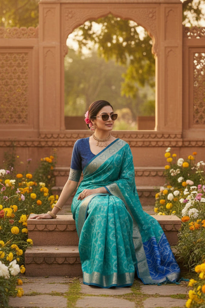Women's Silk Blend Ethnic Ikat Pattern Saree With Unstitched Blouse 5.5Mtr (Teal)
