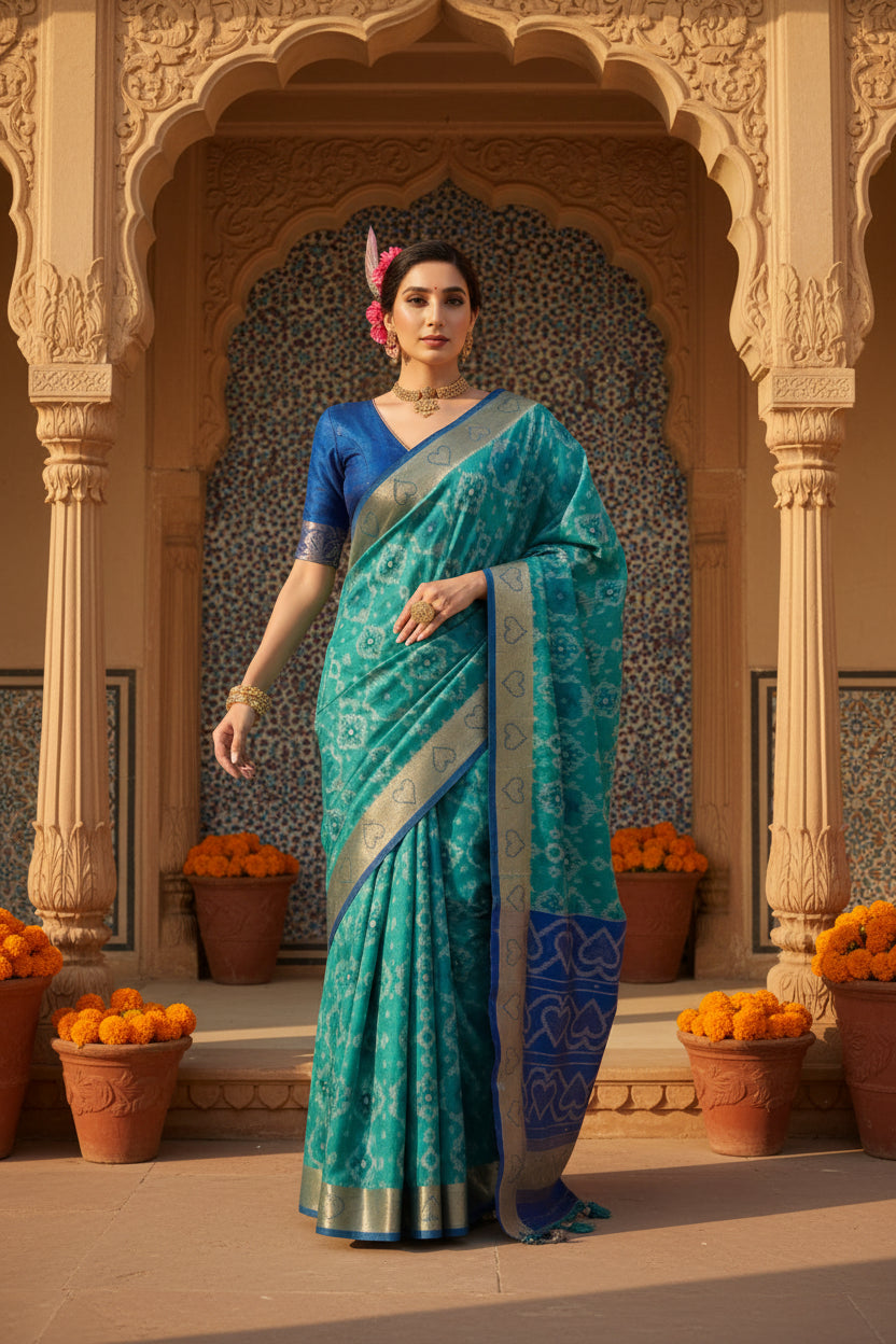 Women's Silk Blend Ethnic Ikat Pattern Saree With Unstitched Blouse 5.5Mtr (Teal)