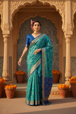 Load image into Gallery viewer, Women's Silk Blend Ethnic Ikat Pattern Saree With Unstitched Blouse 5.5Mtr (Teal)
