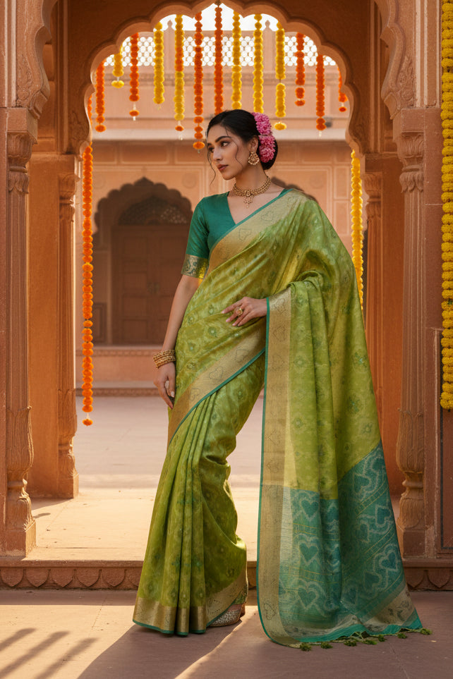 Women's Silk Blend Ethnic Ikat Pattern Saree With Unstitched Blouse 5.5Mtr (Light_Green)