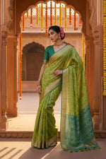 Load image into Gallery viewer, Women's Silk Blend Ethnic Ikat Pattern Saree With Unstitched Blouse 5.5Mtr (Light_Green)
