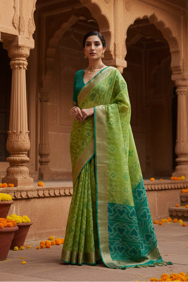 Women's Silk Blend Ethnic Ikat Pattern Saree With Unstitched Blouse 5.5Mtr (Light_Green)