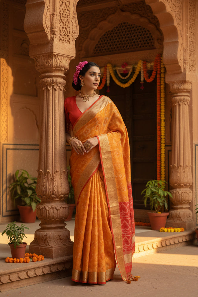 Women's Silk Blend Ethnic Ikat Pattern Saree With Unstitched Blouse 5.5Mtr (Mustard)
