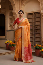 Load image into Gallery viewer, Women's Silk Blend Ethnic Ikat Pattern Saree With Unstitched Blouse 5.5Mtr (Mustard)
