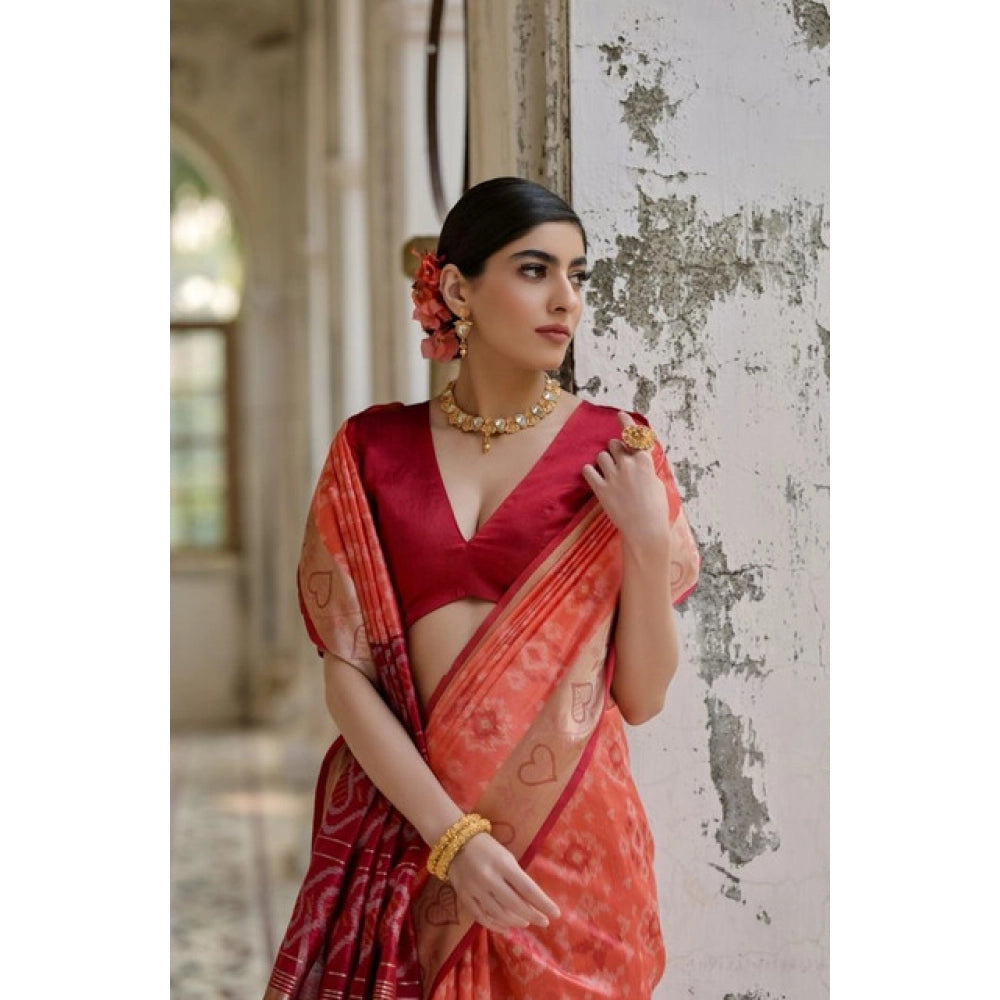 Women's Silk Blend Ethnic Ikat Pattern Saree With Unstitched Blouse 5.5Mtr (Orange)