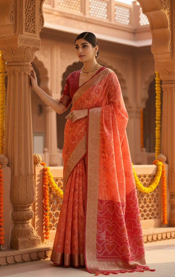 Women's Silk Blend Ethnic Ikat Pattern Saree With Unstitched Blouse 5.5Mtr (Orange)