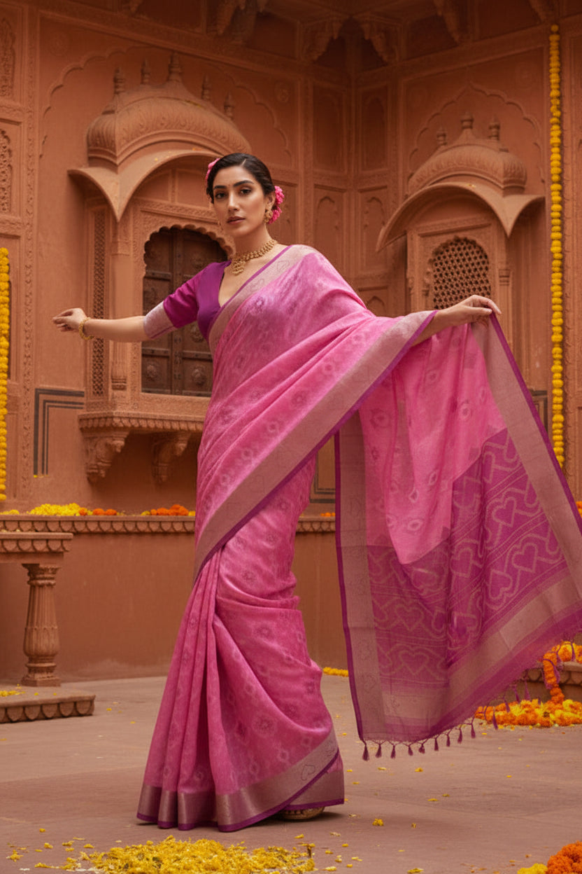 Women's Silk Blend Ethnic Ikat Pattern Saree With Unstitched Blouse 5.5Mtr (Pink)
