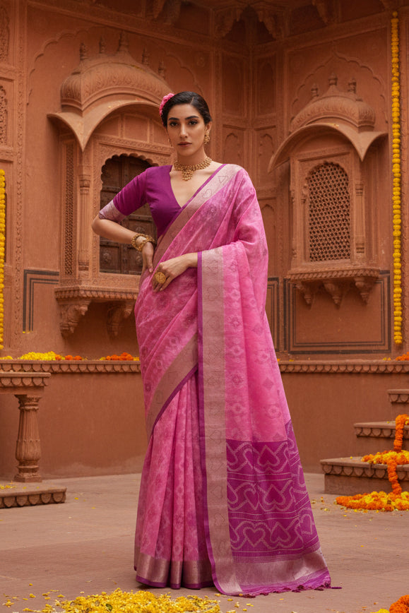 Women's Silk Blend Ethnic Ikat Pattern Saree With Unstitched Blouse 5.5Mtr (Pink)