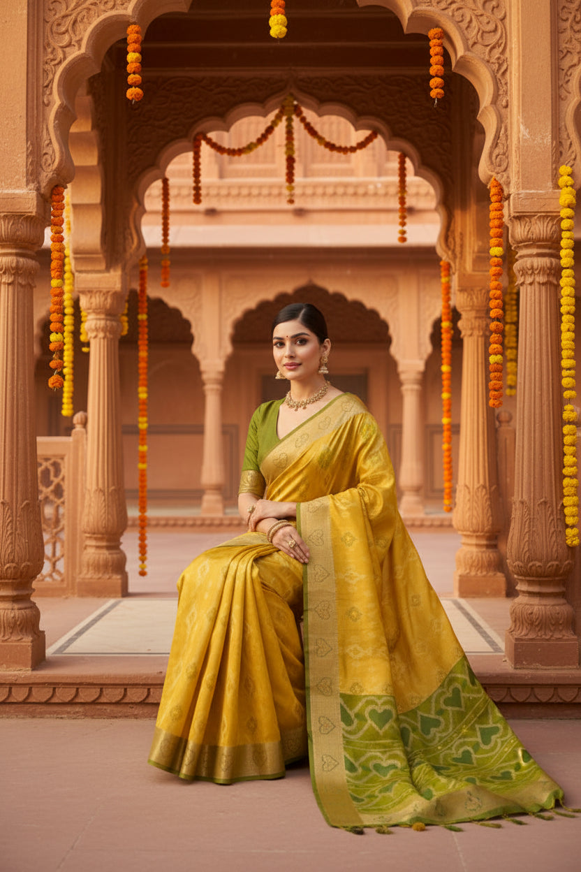 Women's Silk Blend Ethnic Ikat Pattern Saree With Unstitched Blouse 5.5Mtr (Yellow)
