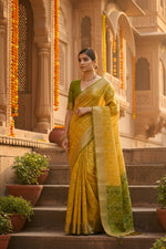 Load image into Gallery viewer, Women's Silk Blend Ethnic Ikat Pattern Saree With Unstitched Blouse 5.5Mtr (Yellow)
