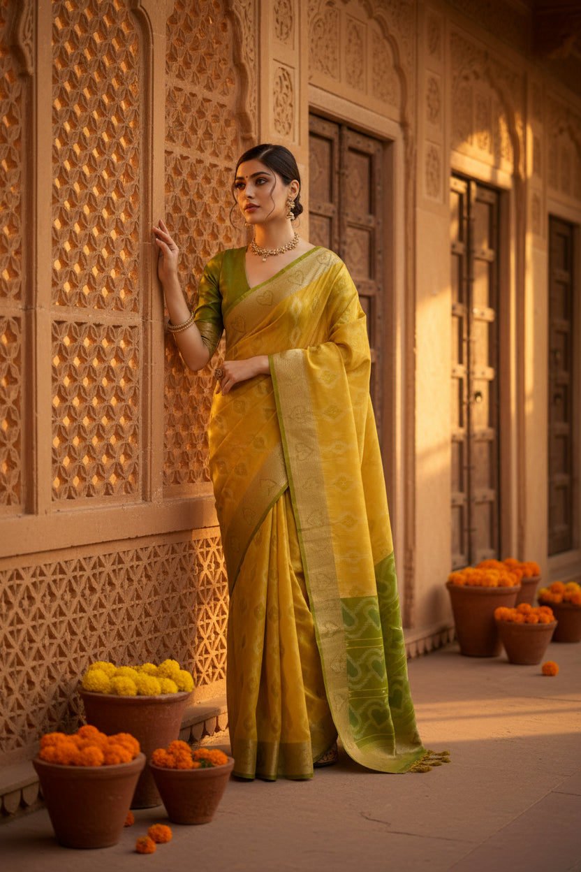 Women's Silk Blend Ethnic Ikat Pattern Saree With Unstitched Blouse 5.5Mtr (Yellow)