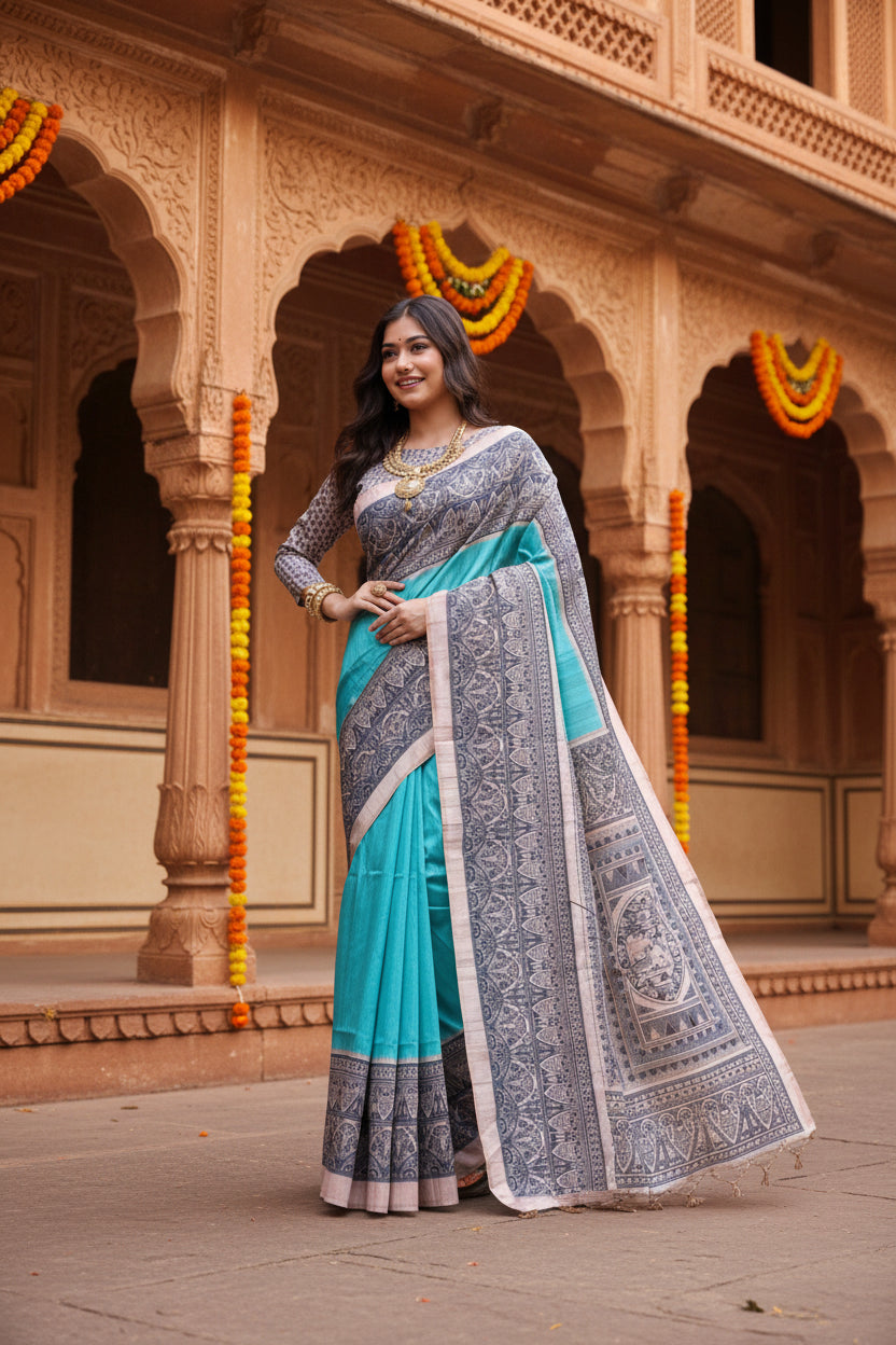 Women's faux tussar ethnic print saree with unstitched blouse 5