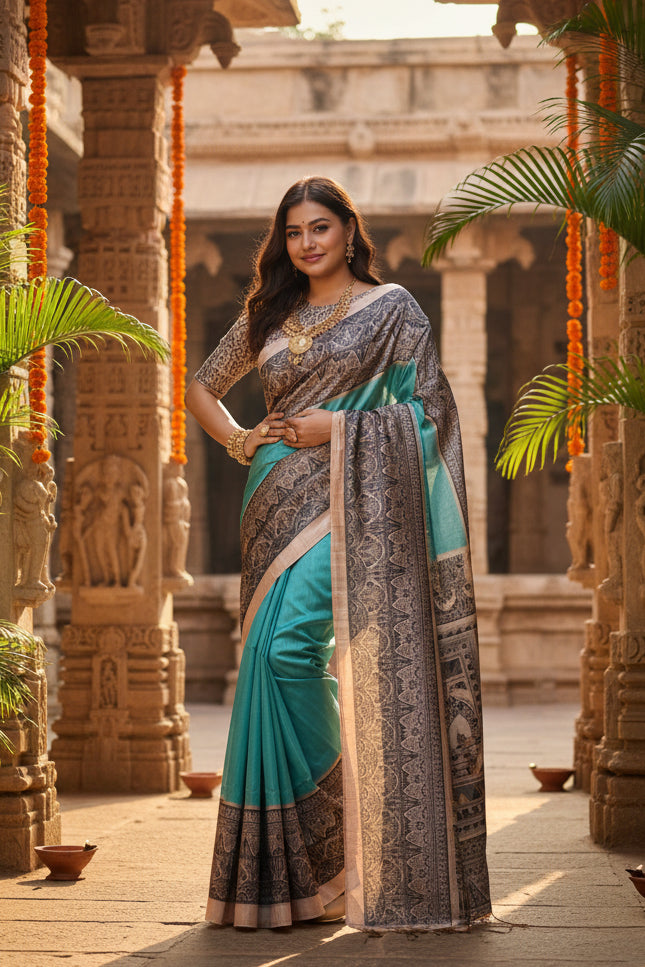Women's Faux Tussar Ethnic Print Saree With Unstitched Blouse 5.5Mtr (Aqua_Blue)