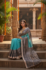 Load image into Gallery viewer, Women's Faux Tussar Ethnic Print Saree With Unstitched Blouse 5.5Mtr (Aqua_Blue)
