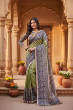 Load image into Gallery viewer, Women's Faux Tussar Ethnic Print Saree With Unstitched Blouse 5.5Mtr (Olive)
