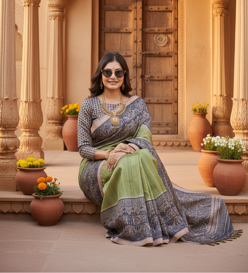 Women's Faux Tussar Ethnic Print Saree With Unstitched Blouse 5.5Mtr (Olive)