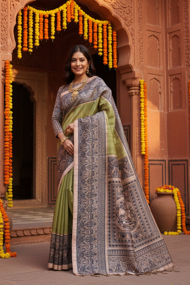 Pid 65740 generic women s faux tussar ethnic print saree with unstitched blouse 5 5 mtr olive 2 1000x1000