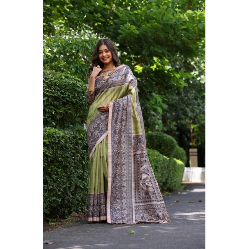 Women's Faux Tussar Ethnic Print Saree With Unstitched Blouse 5.5Mtr (Olive)