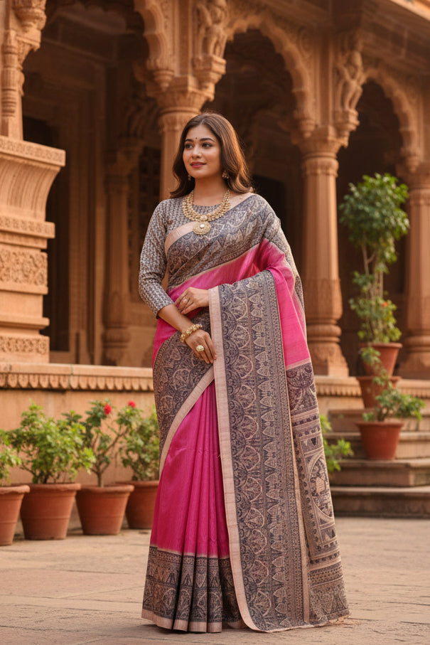 Women's Faux Tussar Ethnic Print Saree With Unstitched Blouse 5.5Mtr (Pink)