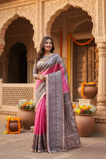 Load image into Gallery viewer, Women's Faux Tussar Ethnic Print Saree With Unstitched Blouse 5.5Mtr (Pink)
