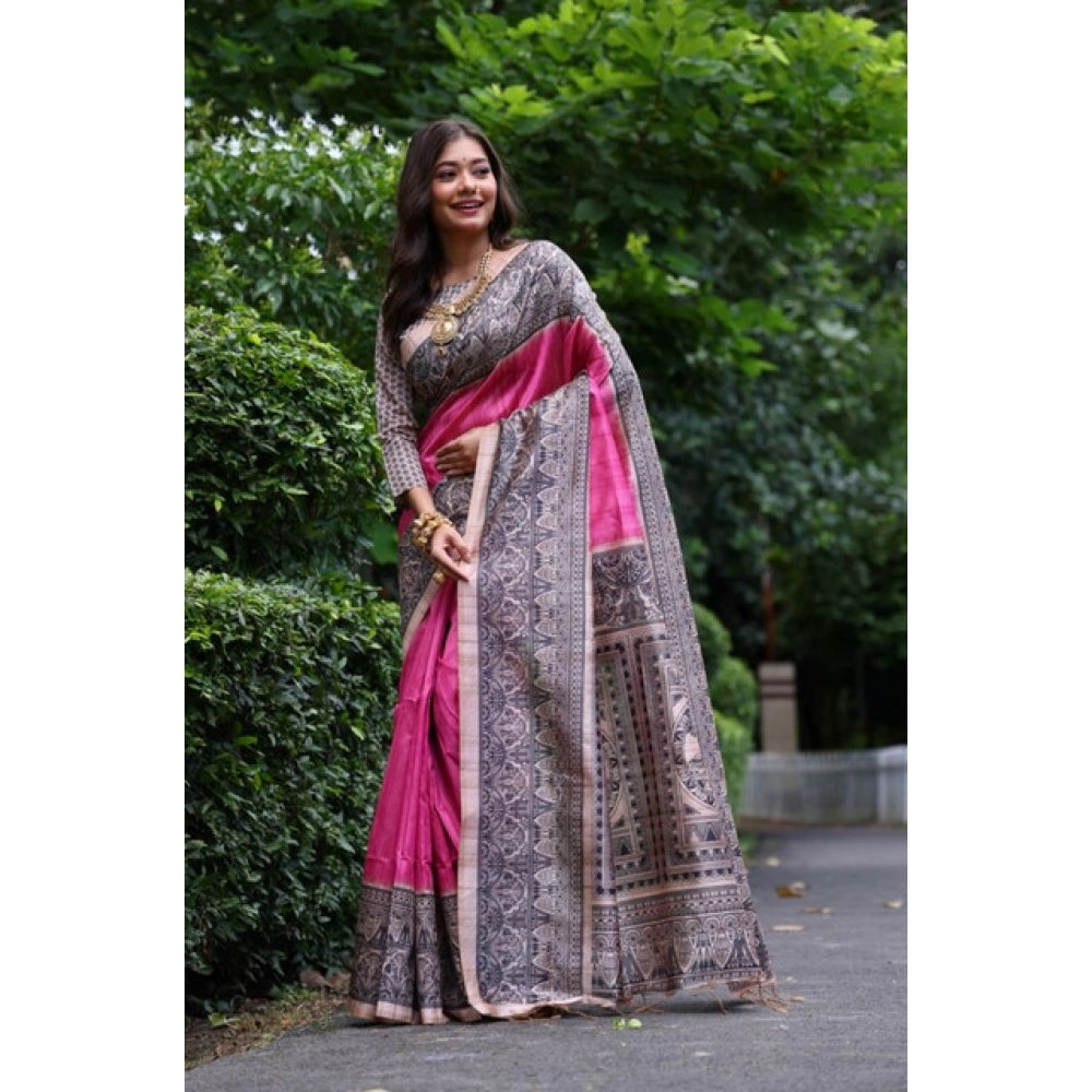 Women's Faux Tussar Ethnic Print Saree With Unstitched Blouse 5.5Mtr (Pink)