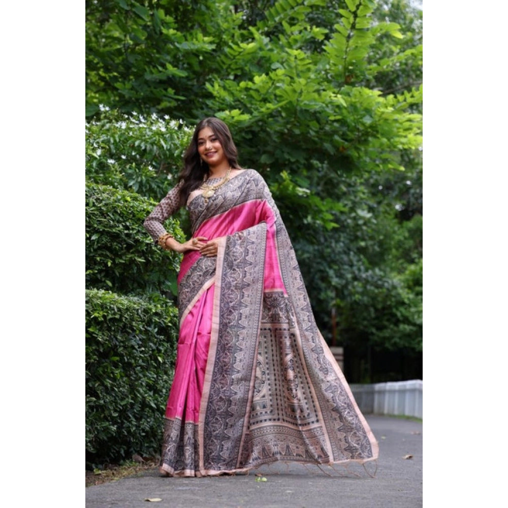 Women's Faux Tussar Ethnic Print Saree With Unstitched Blouse 5.5Mtr (Pink)