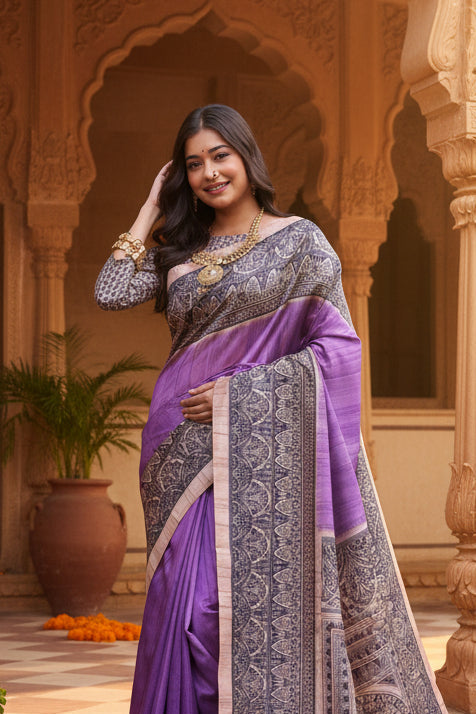 Women's Faux Tussar Ethnic Print Saree With Unstitched Blouse 5.5Mtr (Purple)