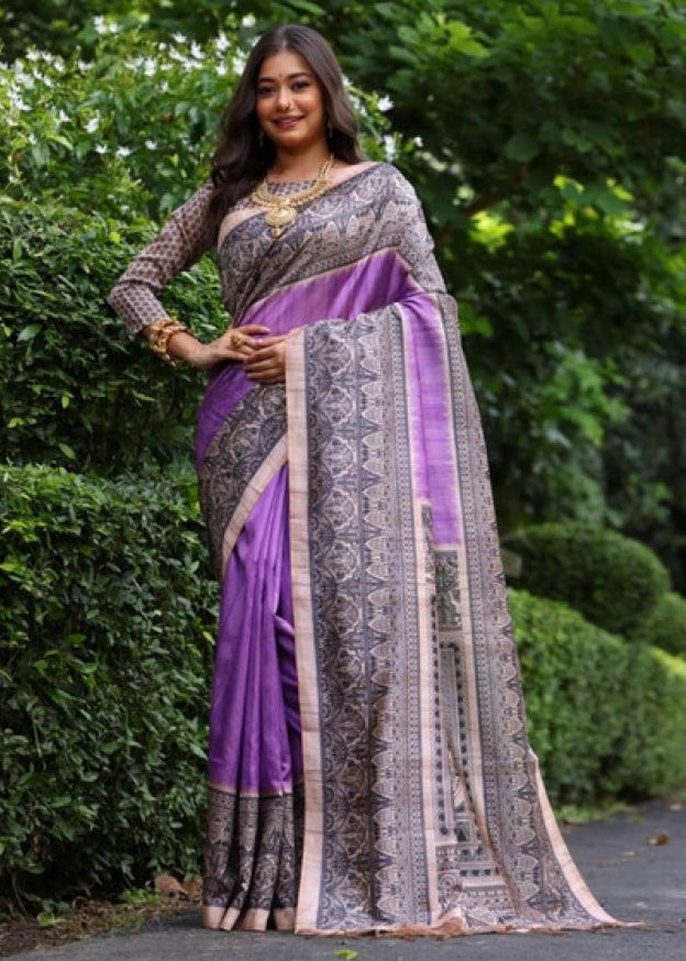 Women's Faux Tussar Ethnic Print Saree With Unstitched Blouse 5.5Mtr (Purple)