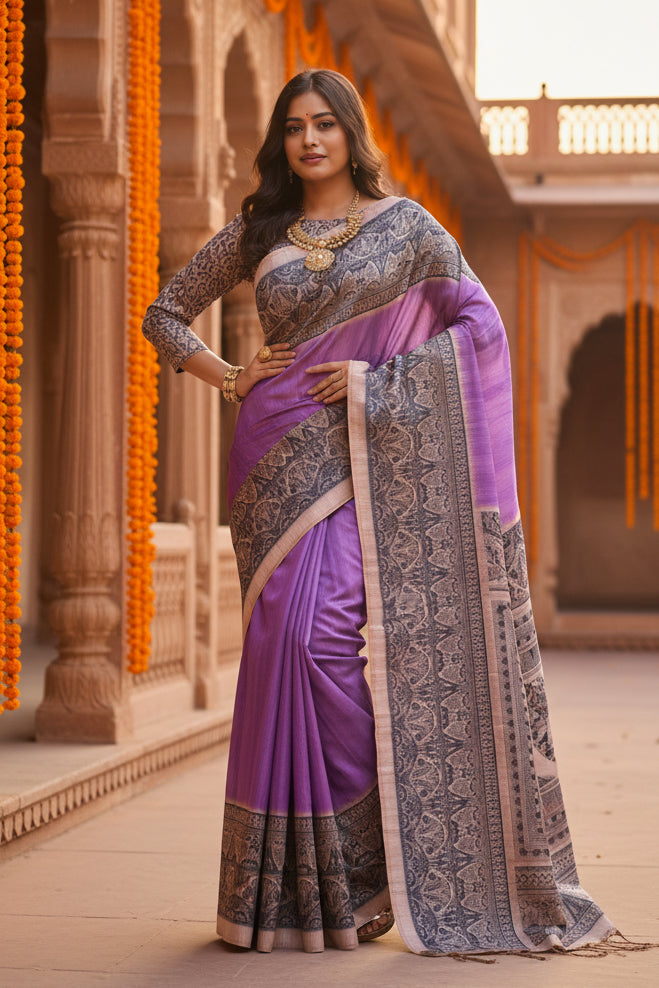 Women's Faux Tussar Ethnic Print Saree With Unstitched Blouse 5.5Mtr (Purple)