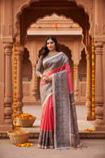 Load image into Gallery viewer, Women's Faux Tussar Ethnic Print Saree With Unstitched Blouse 5.5Mtr (Red)
